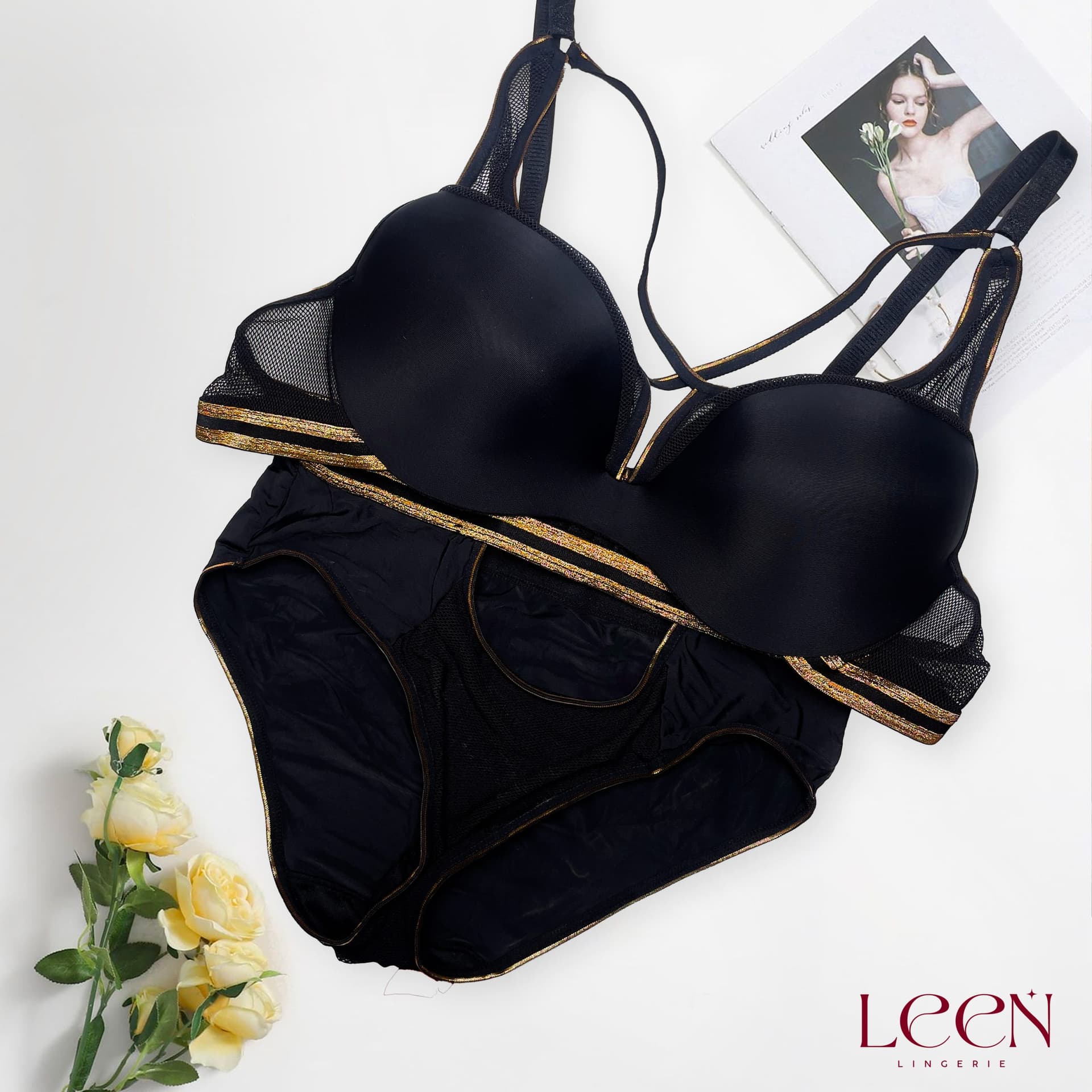 Cross Bow Lace Bra Set, product photograph.