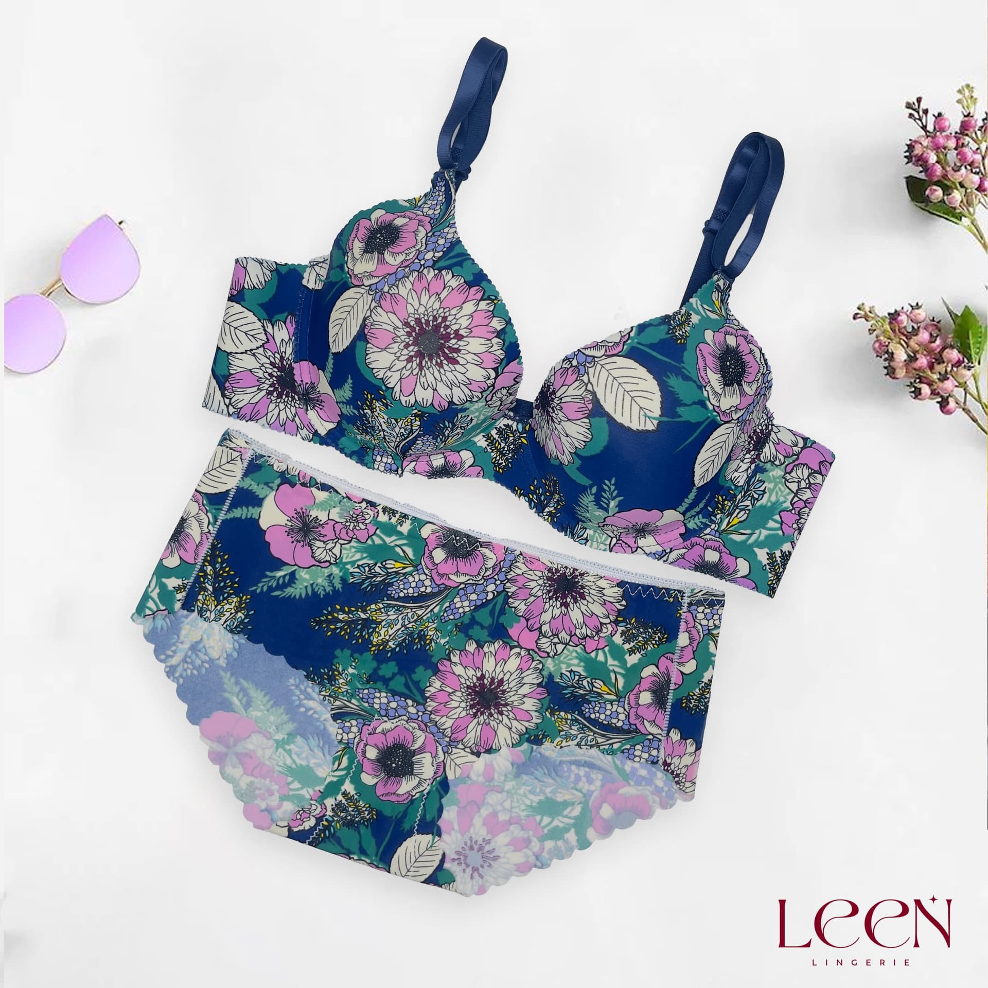 Single Padded Flower Push-Up Bra Set, product photograph.