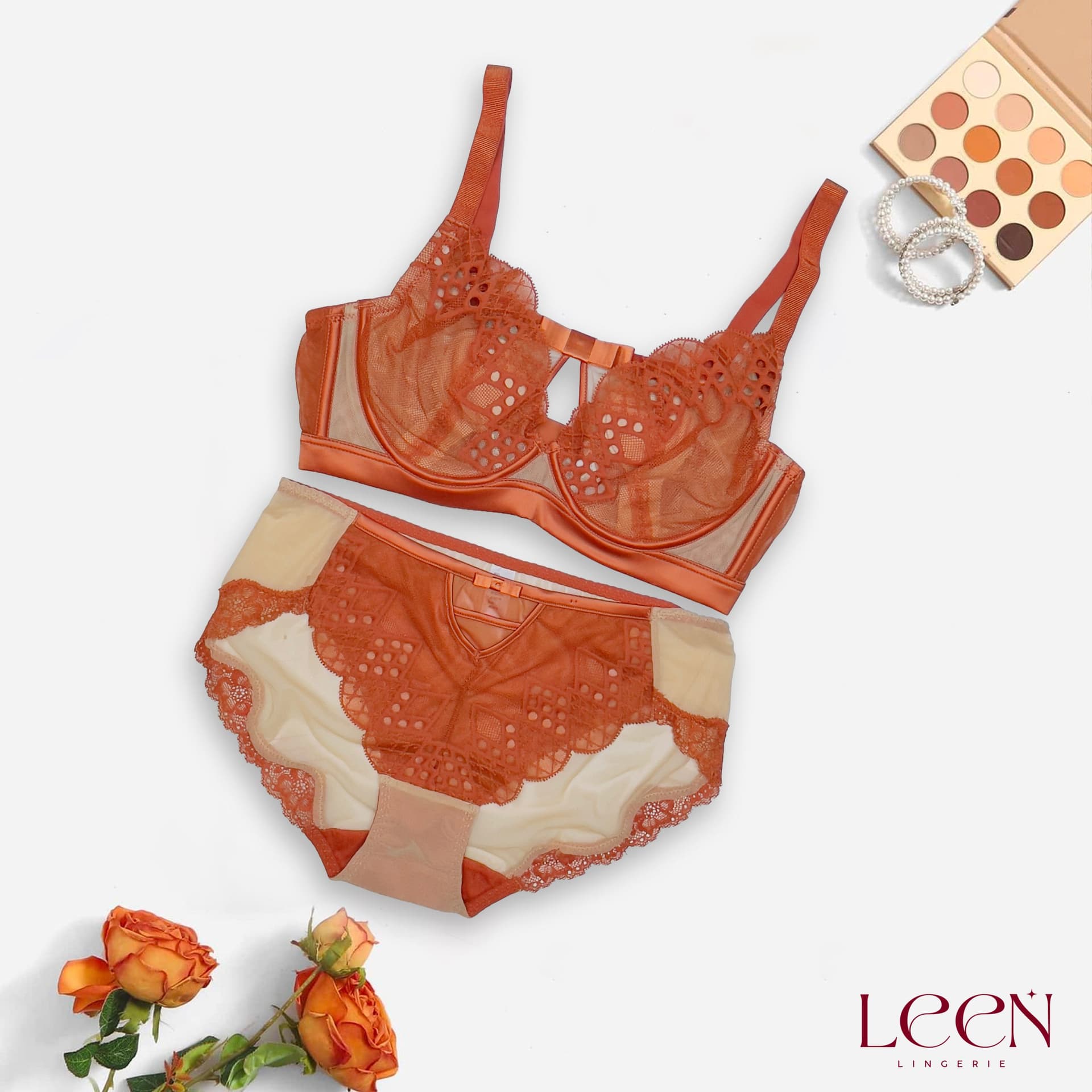 Bow Style Net Bra Set, product photograph.