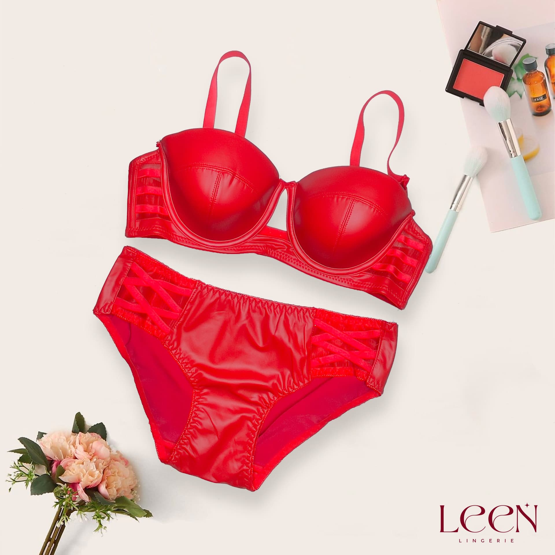 Soft Leather Party Push-Up Bra Set, product photograph.