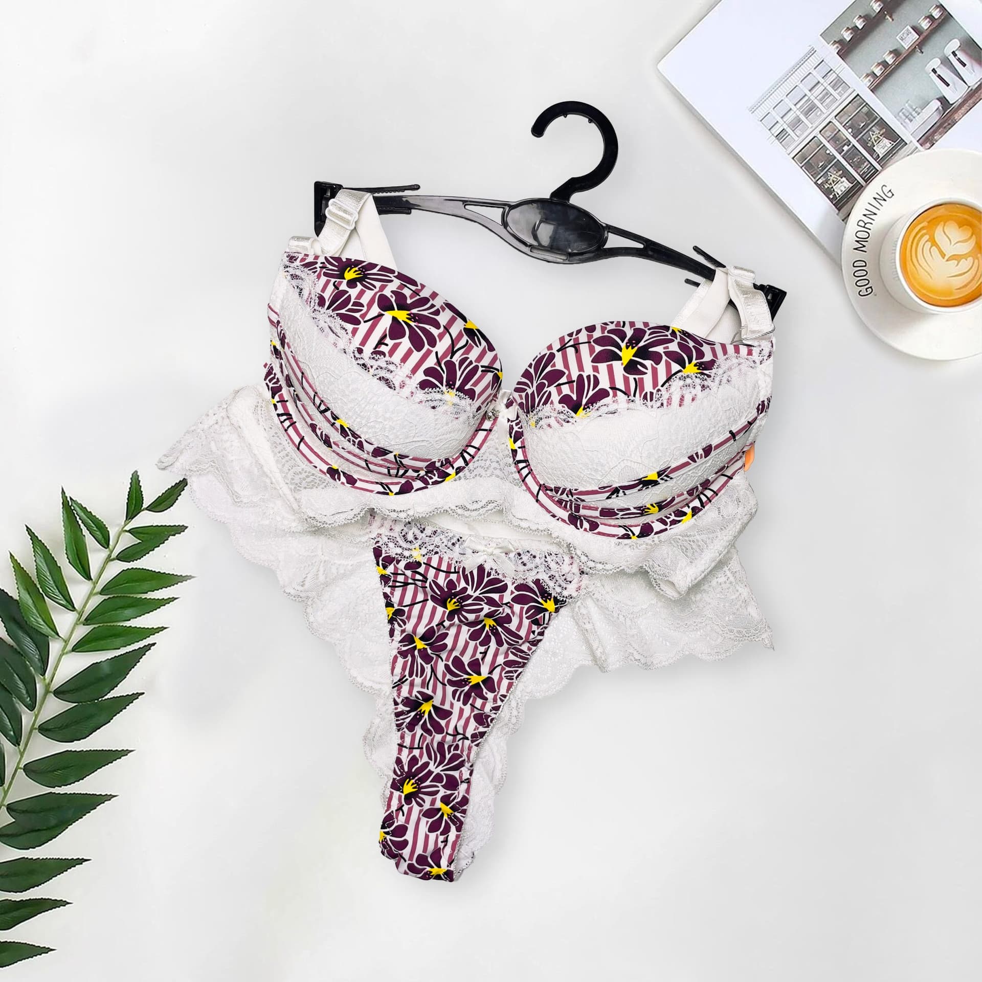 Embroidered Floral Thin Pad Bra Set, product photograph.