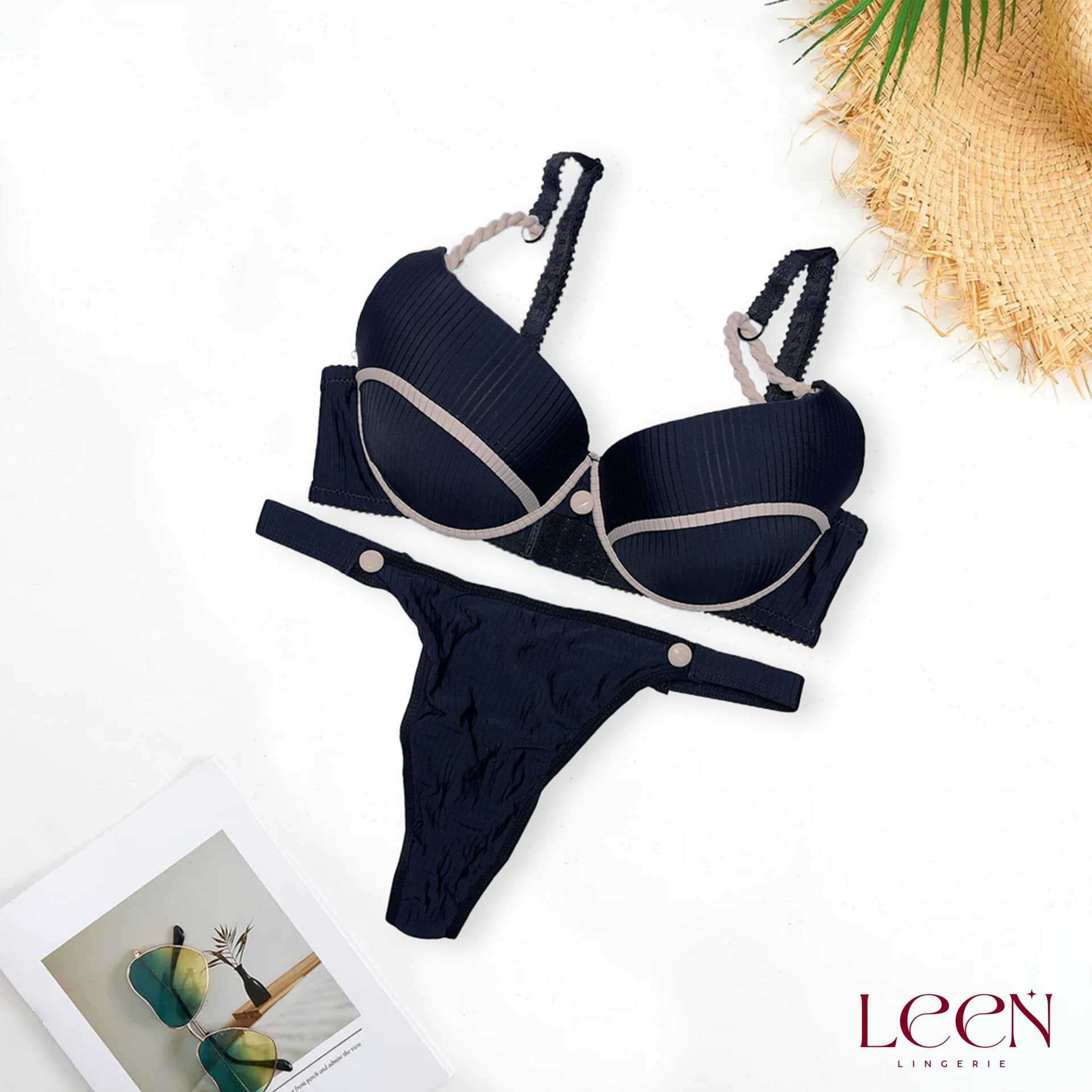 Rhinestone Strap Wired Bra Set, product photograph.