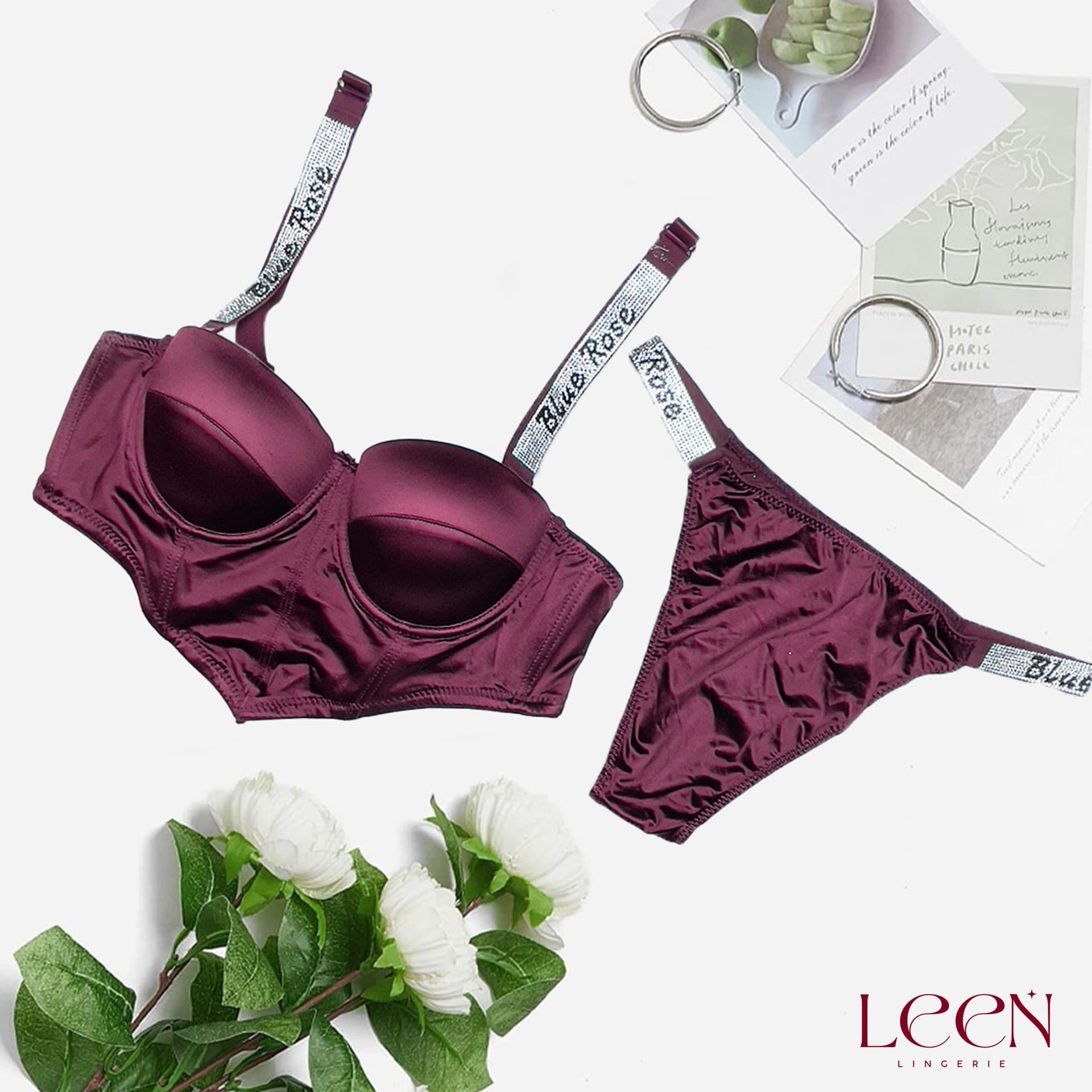 Blue Rose Bra Set, product photograph.