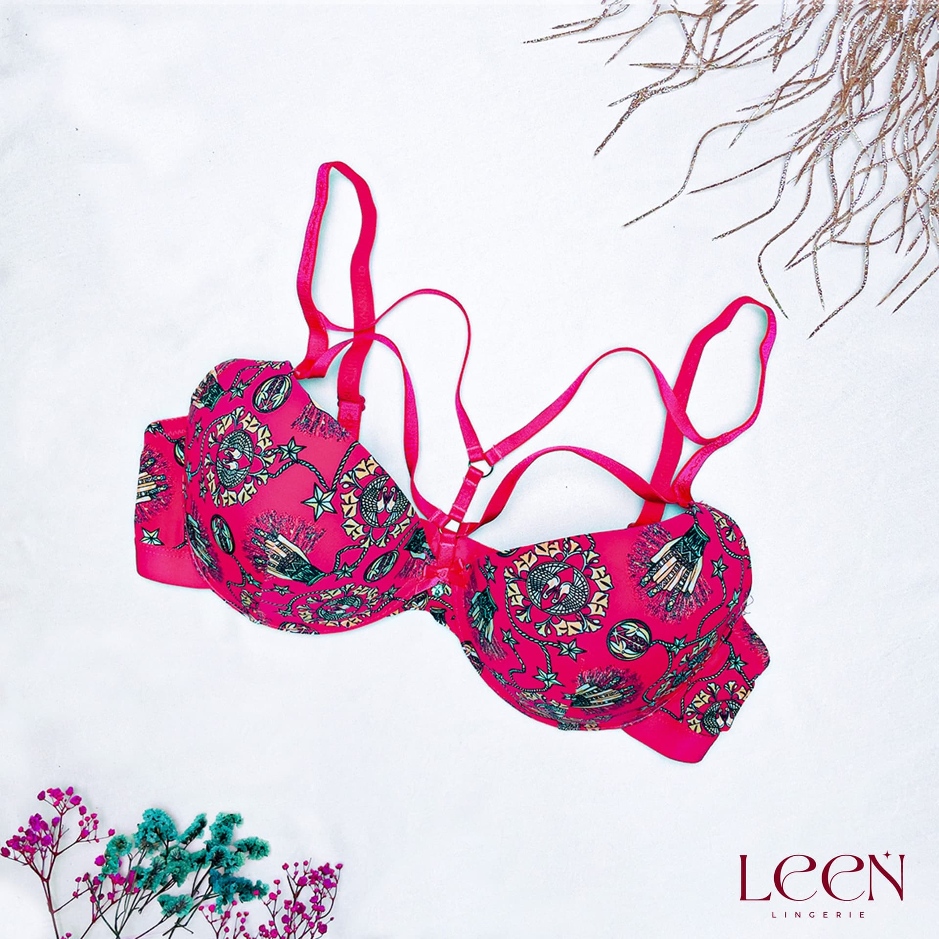 Printed Cross Strap Bra Set, product photograph.